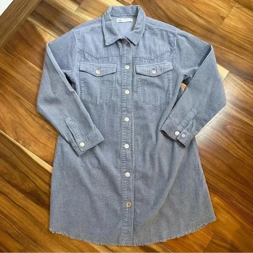 Zara Corduroy Powder Blue Button Down Tunic Size 11-12 EUC​​